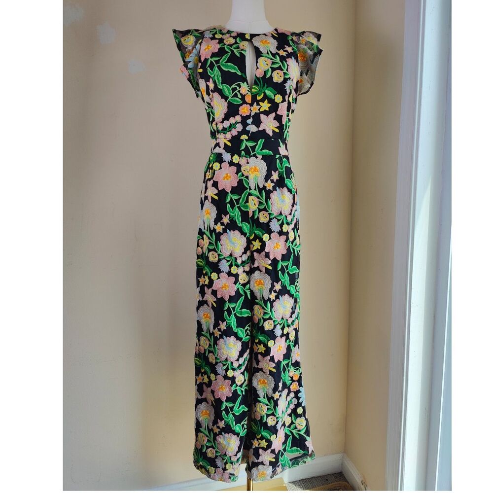 Monique Lhuillier Jumpsuit Keyhole Front Flounce Sleeves Size 6